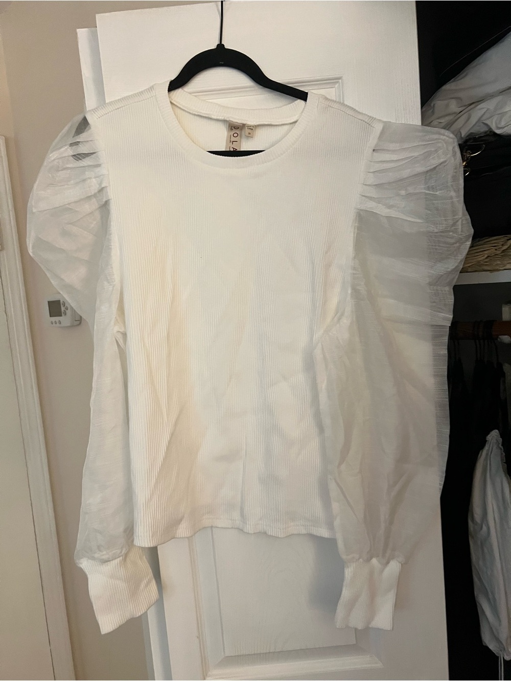 dolan White Puff Sleeve Ribbed Sweatshirt